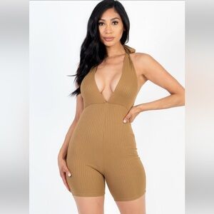 ⭕️ SOLD OUT ⭕️ Light Mocha Brown Halter Back Cut Out Bodycon Romper